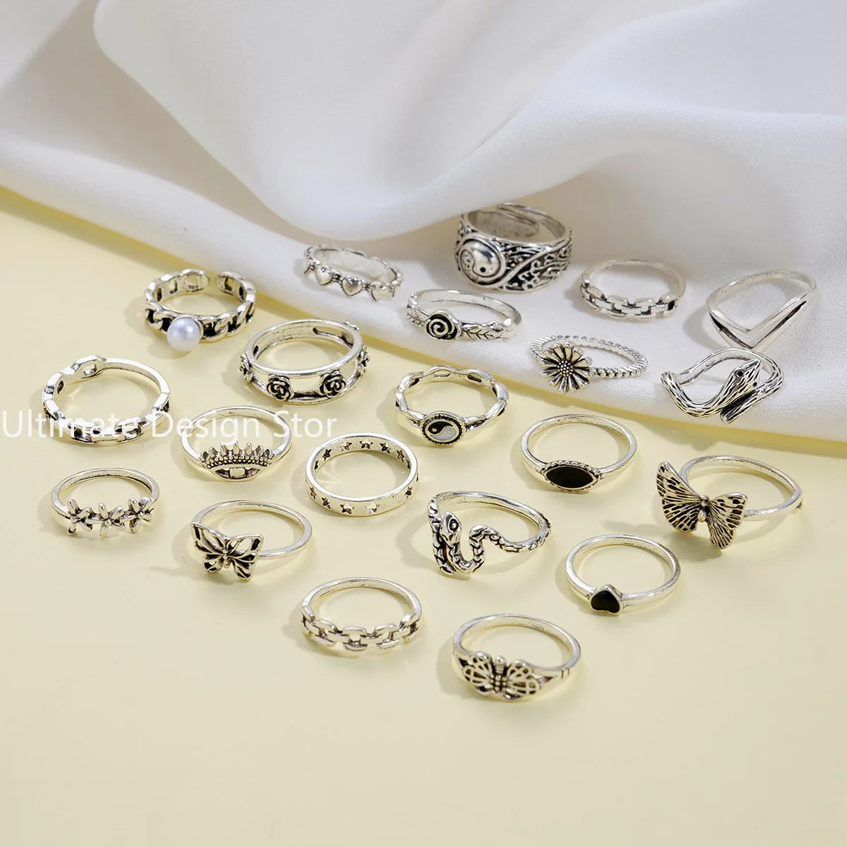 21pcs Set Punk Style Butterfly Heart Stainless Steel Ring and Tai Chi Design