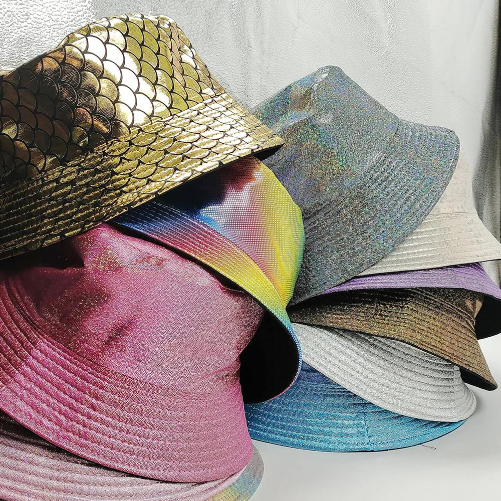 Colorful Shiny Leather Two Sided Fisherman Hat Women's and Men's Hip Hop Summer Sunshade Hat Foldable Bucket Hat