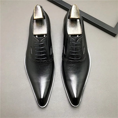 HKDQ Genuine Leather Men Dress Shoes Fashion Brogue Fashion Wedding Pointed Toe Lace Up Business Shoes Formal Black Party Shoe