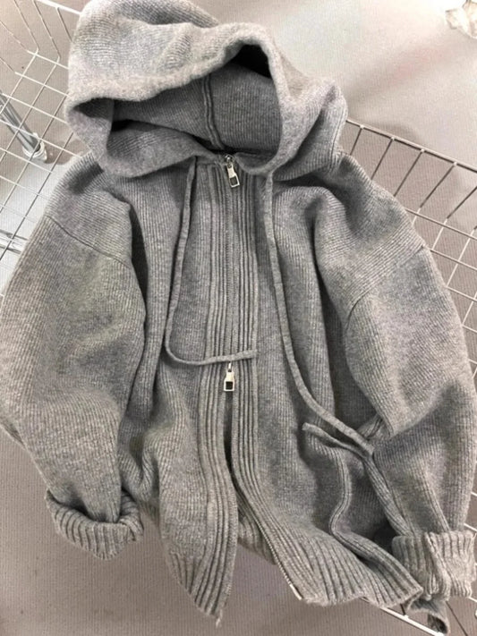 Gray Hooded Sweater Coat Women Spring Autumn Double Zipper Long Sleeve