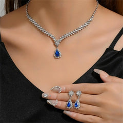 Crystal Necklace Earrings Set Water Drop Pendant Clavicle Chain Party Jewelry