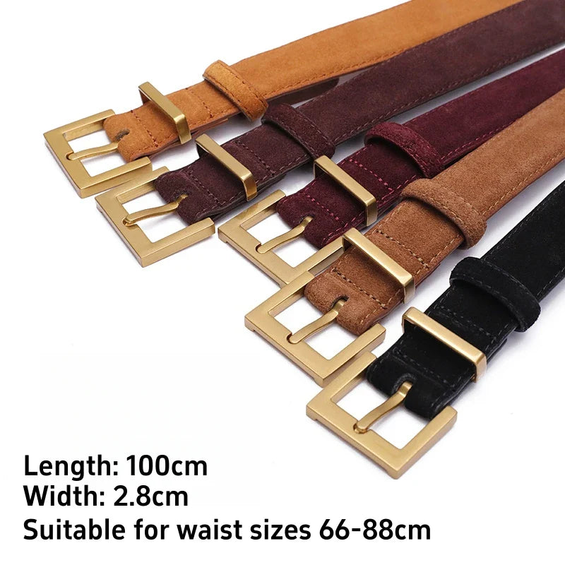 Trendy Cowhide Suede Belt for Women Casual Jeans Dress, Genuine Leather Belts with Square Alloy Buckle Waistband