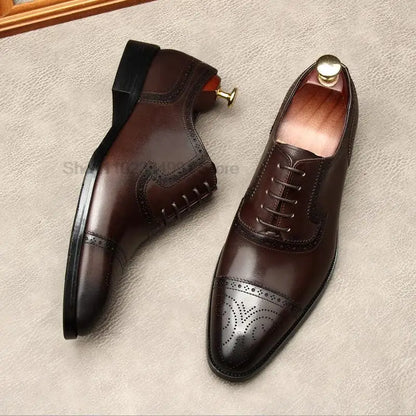 HNXC Luxury Italian Men's Oxford Genuine Leather Shoes Men Dress Shoes Brown Black Cap Toe Lace Up Wedding Business Formal Shoes