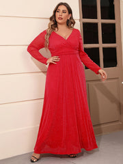 Plus Size Long Sleeve V Neck Mesh Evening Party Formal Dresses For Women