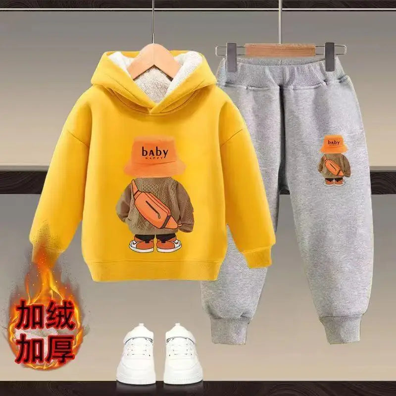 Winter Spring Kid Girls Hoodies Plush Warm Clothes Set Children Boy Cartoon Bear Printed Hooded Pullover Top And Pants 2PC Suit