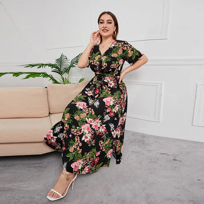 High Waist Plus Size Dresses Women V-Neck Mid Length Dress Elegant Printed Fashion Casual Office Lady Spring Summer Streetwear