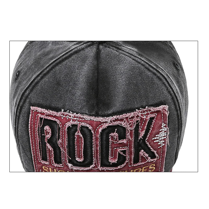 ROCK Letters Embroidered Patch Ripped Brushed Washed Distressed Design Style Unisex Cotton Adjustable Baseball Cap
