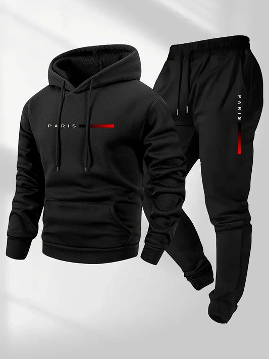 PARIS Letter Print Sweatshirt Suit Men's Fleece Hoodie Pants Set Spring Autumn Winter Warm Casual Sports Pullover Trousers Sets