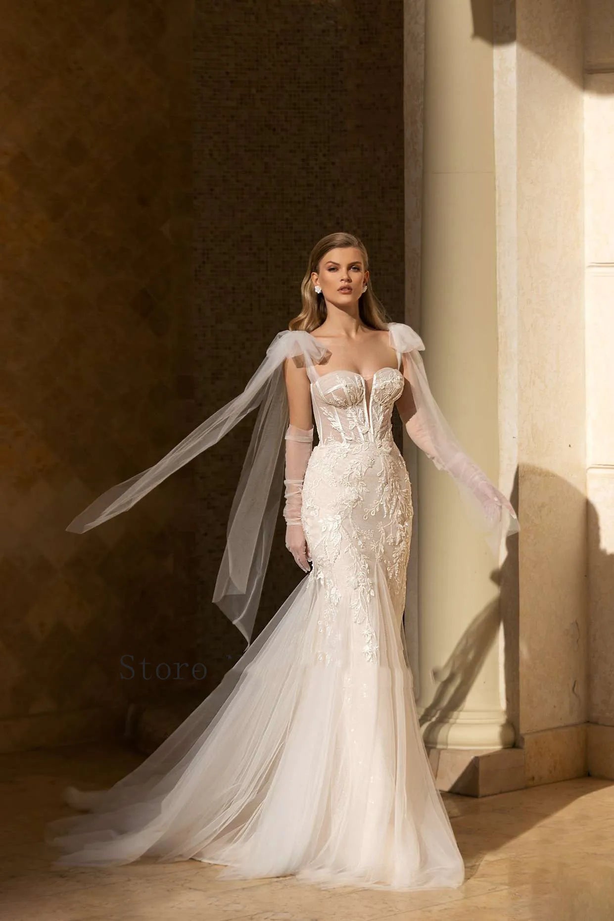 Gorgeous Strapless Detachable Sleeves Lace Appliques V-Neck 2023 Wedding Dress Elegant Floral Pattern Tulle Train Robe De Mariée