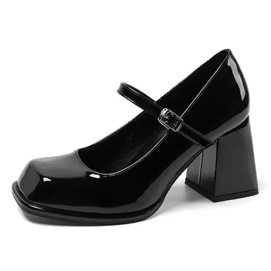 Mary Janes Vintage Black Sandals Woman Buckle Non-Slip Casual Medium Heels