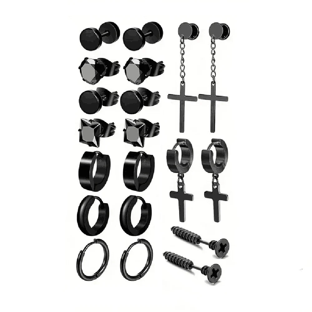 Simple Stainless Steel Zircon Stud Earrings For Men, Cross Pendant Hoop Earrings For Daily Wear