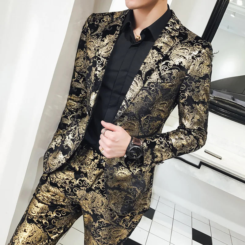 Tuxedo for Mens: Men's Suit Set Shiny Gold and Silver 2-piece Set Korean Fashion