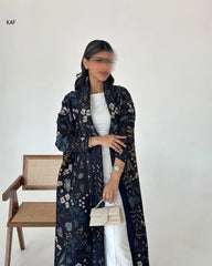 Autumn Women's Long Coat, Retro Printed Long Sleeved Muslim Abaya Saudi Fashion