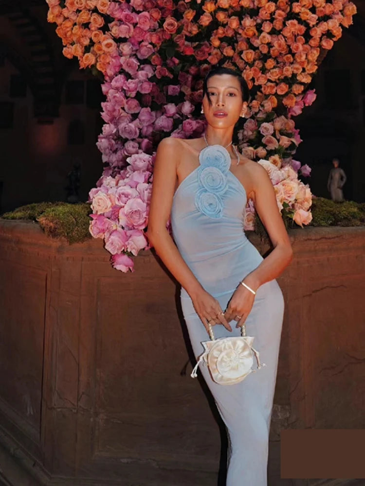 Formal attire Dresses: Bodycon Long Dress Women Light Blue Sleeveless Lace-up