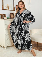 V Neck Long Sleeve Casual Printed Side Split Kaftan Dress For Women Clothing Beach