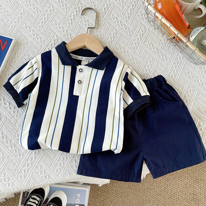 ‌New 2025 Boys Cotton Striped Shorts Set 2-Piece Summer Outfit Fashion Short Sleeve Casual Playwear Stylish Kids Clothing‌