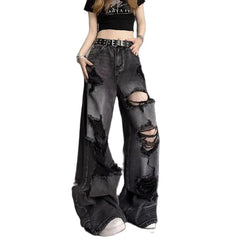 Vintage High Waist Denim Pants Ripped Jeans Women Fashion Loose Wide Leg