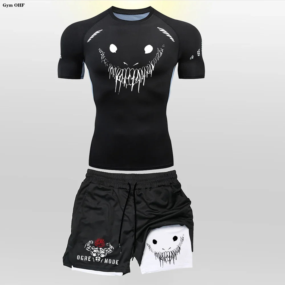 Funny Face 2 in 1 Shorts T Shirt Suits Men's Fitness Breathable Second Skin Compression Shirts Sets Gym Double Deck Shorts