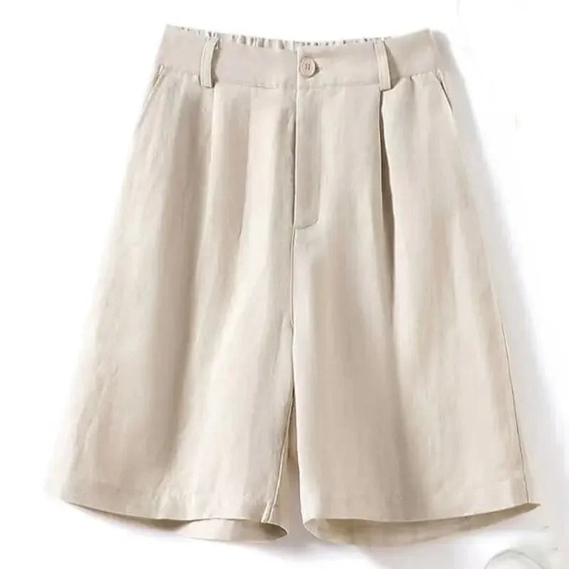 Cotton and Linen Shorts for Women Summer 2025 Loose High Waisted Wide Leg Pants Casual Versatile Solid Retro Straight Shorts