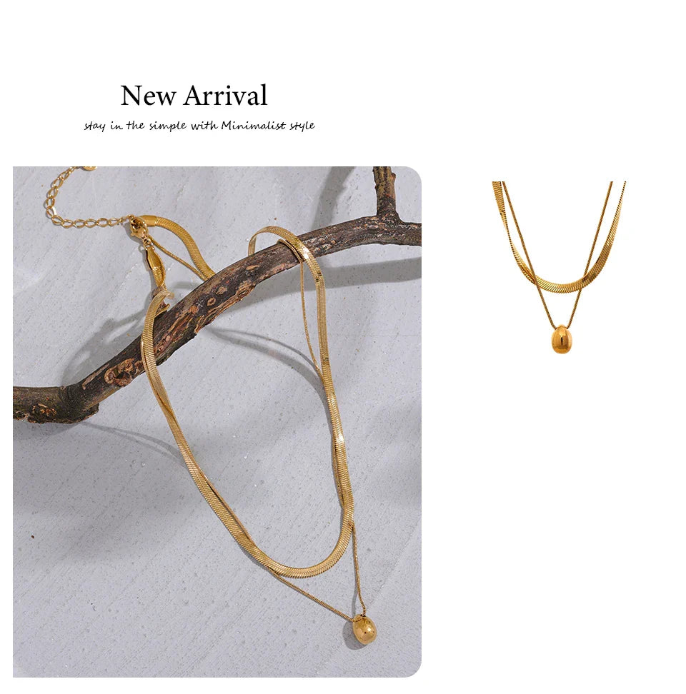 Yhpup Snake Chain Double Layer Stainless Steel Water Drop Pendant Necklace for Women Statement 18k Gold Color Jewelry Waterproof