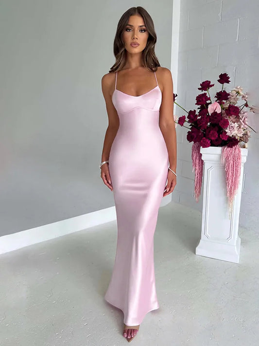 Spaghetti Strap Bodycon Satin Dress With Open Back Lace Up Female Long Dress