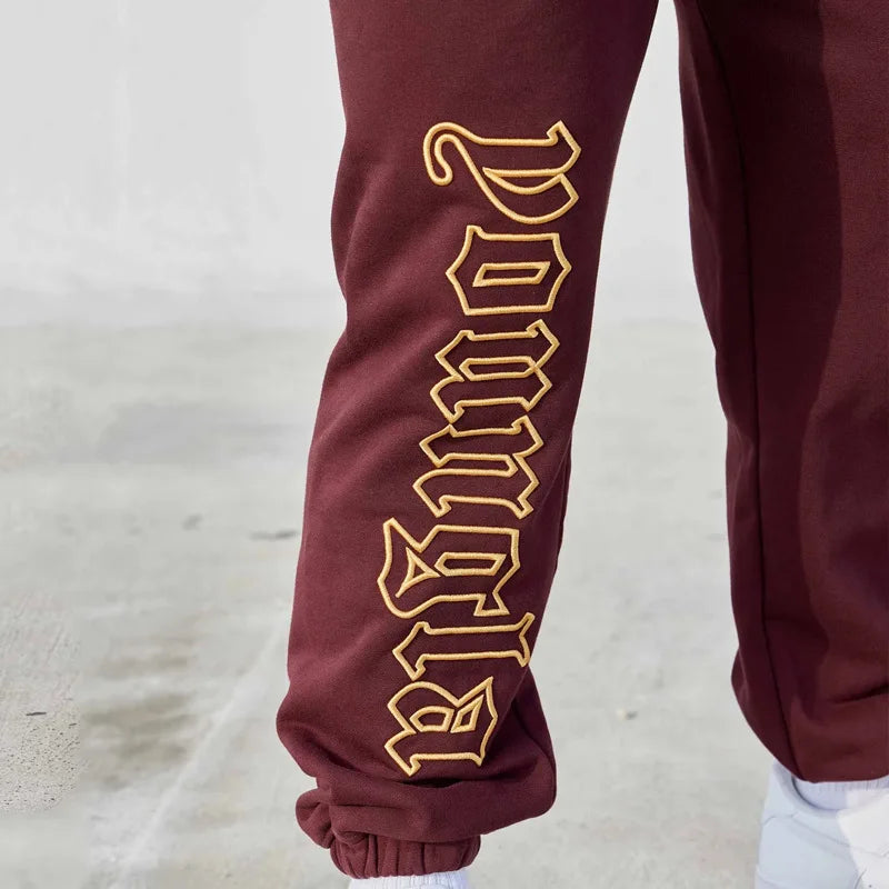 Men's casual sports pants, high cut thick looped cotton embroidered pants