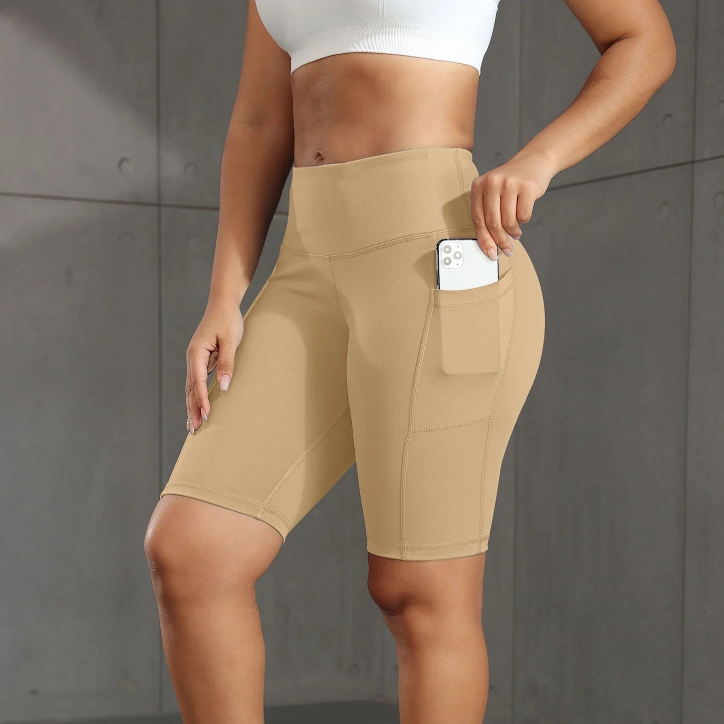 CHRLEISURE Women Solid Yoga Shorts with 3 Pockets High Waist Butt Lifting Workout Tights Gym Elastic Cycling Shorts Activewear