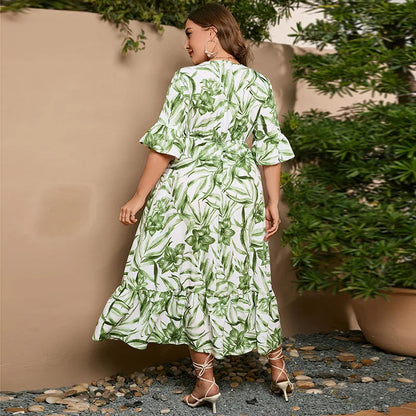 Hot selling summer leisure vacation oversized dress with flared sleeves and large hem long skirt plus size women clothing