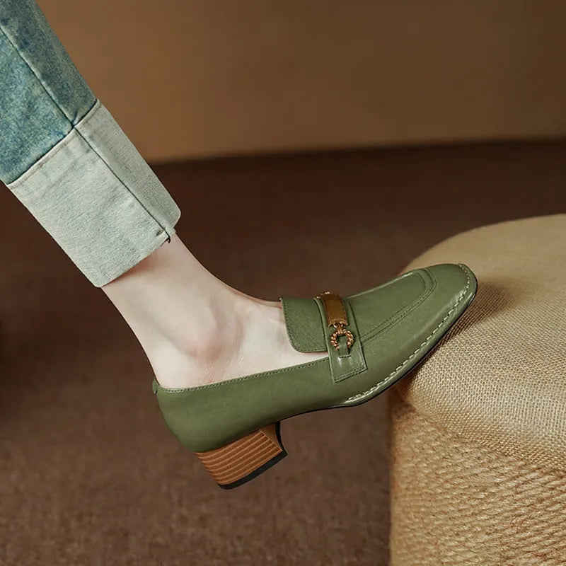 2023 Spring Women Loafers Genuine Leather Shoes for Women Square Toe Chunky Heel Shoes Metal Buckle Women Pumps Handmade Shoes