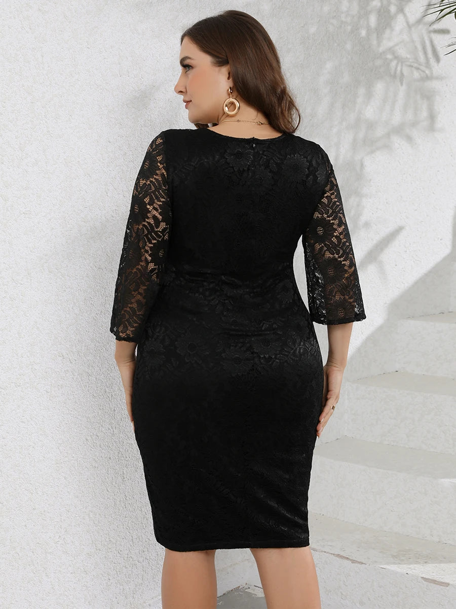 Plus Size Summer Dresses for Women 2023 Lace Floral See Through Bodycon Prom Formal Party Dress Black Casual Midi Dresses