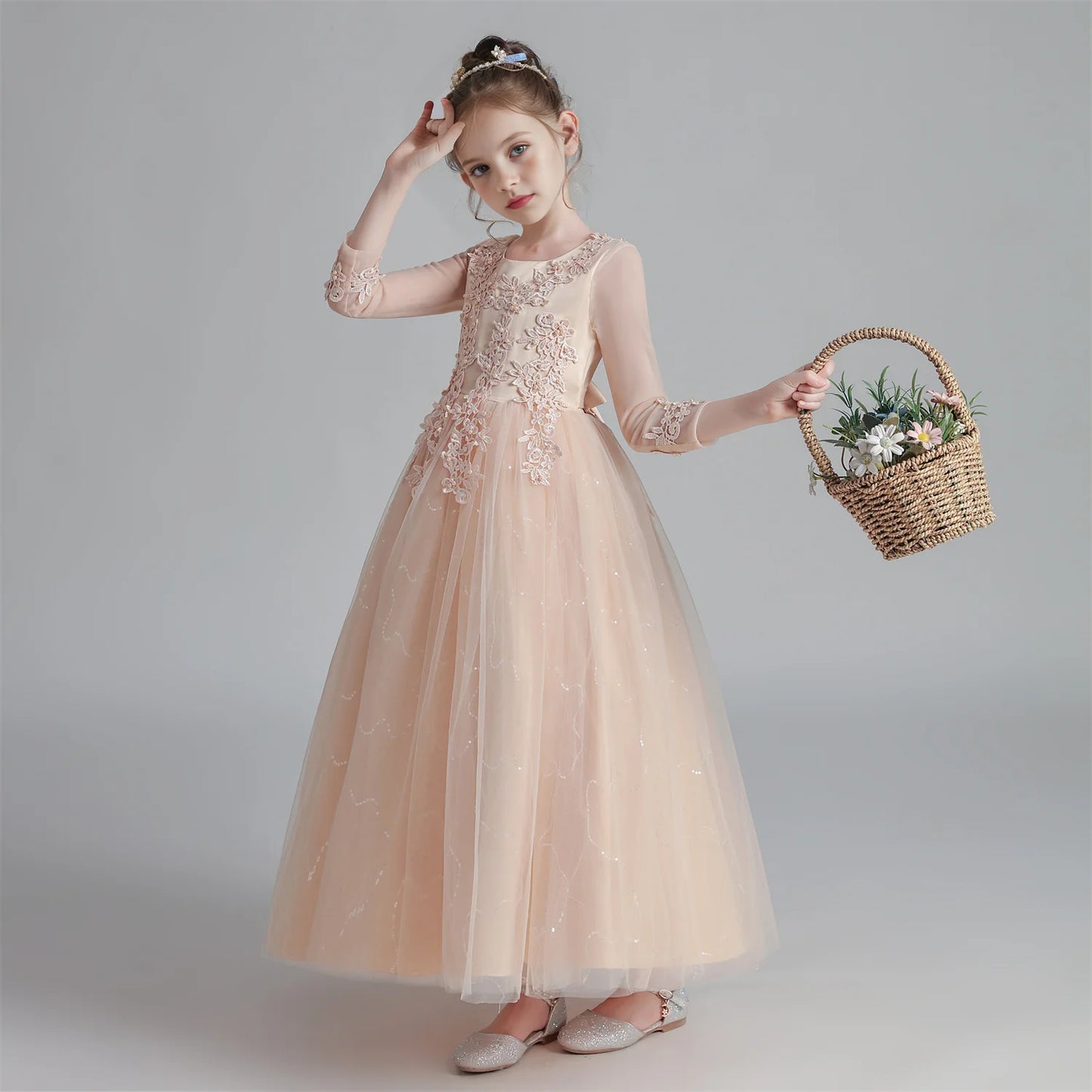Princess Dress Girls' Pengpeng Yarn Spring/Summer New Long Sleeve Fashionable Children's Performance