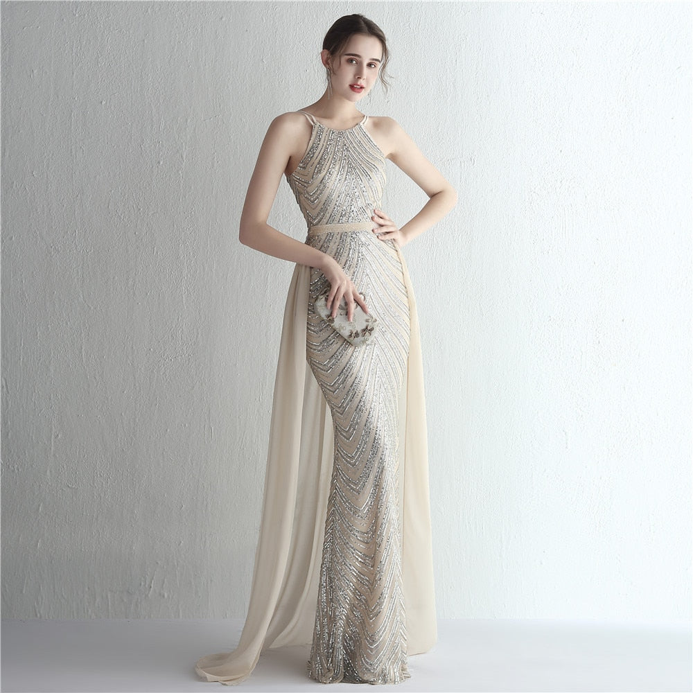 Evening wear Dresses: Evening Dress for Party With Detachable Chiffon Train for Ladies