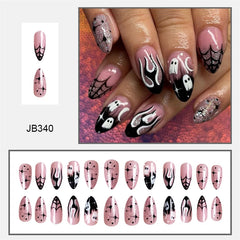 24Pcs Almond Halloween Press on Nails Full Cover French Fake Nails Cartoon Bat Spider