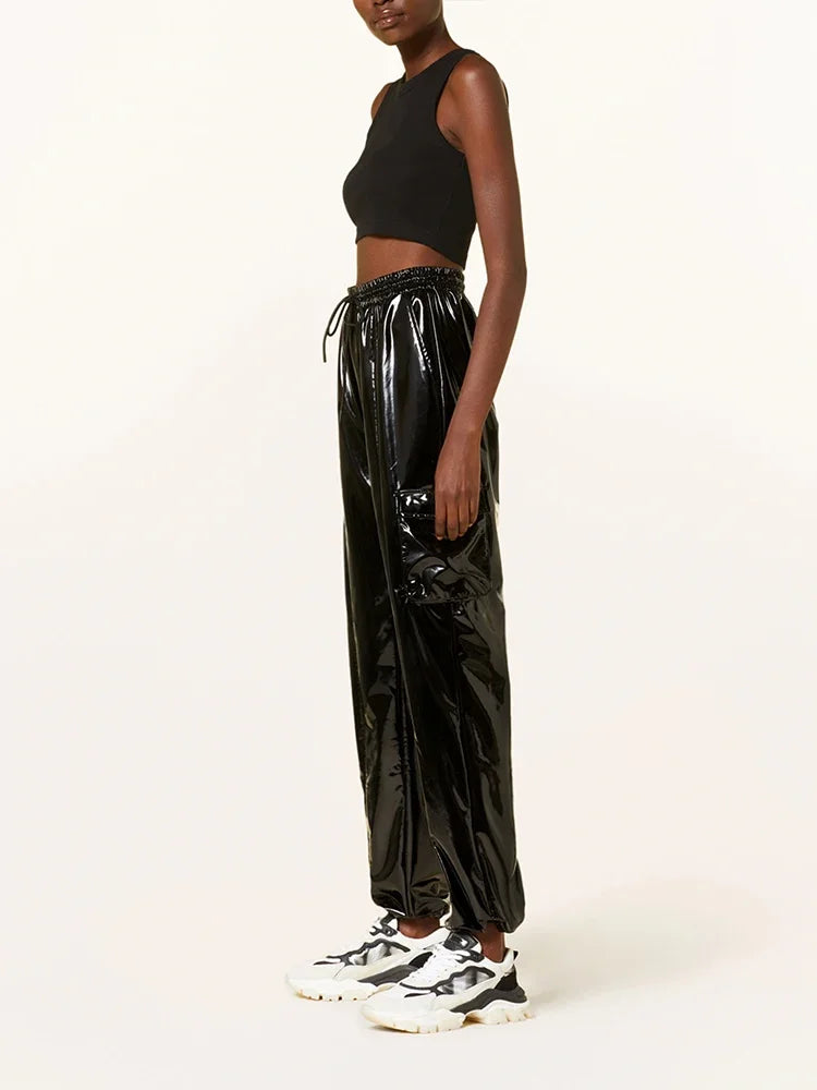 Casual High Waist Faux Latex Cargo Pants Women Shiny Patent Leather Drawstring