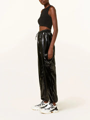 Casual High Waist Faux Latex Cargo Pants Women Shiny Patent Leather Drawstring