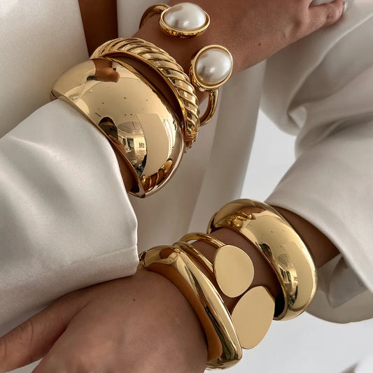 KunJoe 6 Styles Geometric Gold Color Cuff Spring Bangles for Women Vintage Metal Chunky Wide Hand Bracelets Fashion Jewelry Y2K