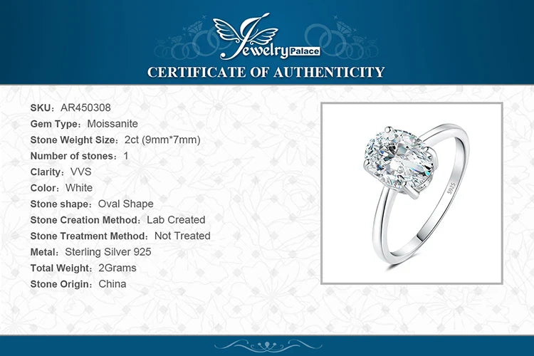 JewelryPalace Moissanite D Color 1ct 2ct Oval S925 Sterling Silver Solitaire Wedding Engagement Ring for Woman
