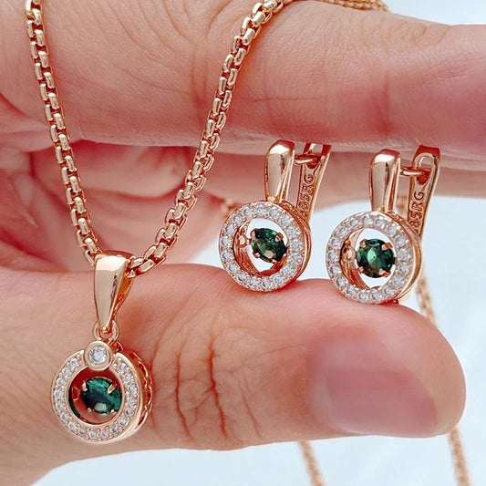 Kinel Hot 585 Rose Gold Color Bridal Wedding Jewelry Sets Natural Zircon Geometry Ring Earrings Necklace for Women Fine Jewelry