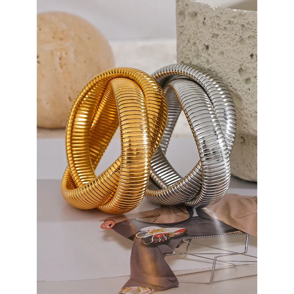 Yhpup 316L Stainless Steel Wide Heavy Metal Stackable Bracelet Bangle Waterproof 18K PVD Plated Texture Charm Statement Jewelry