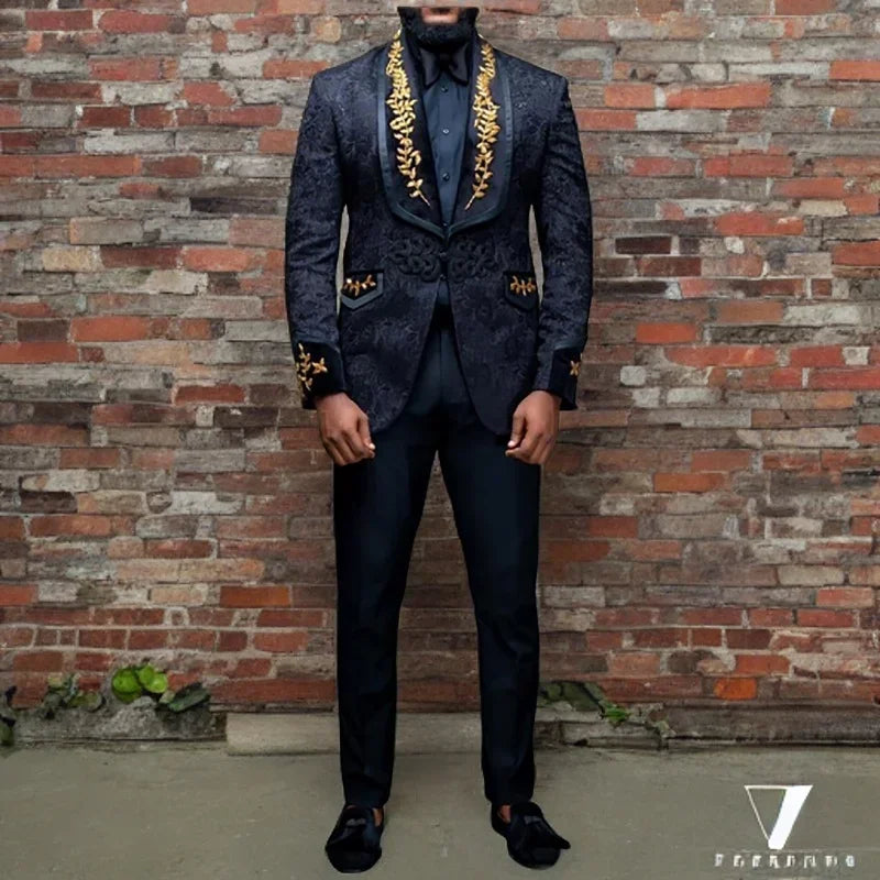 Black Floral Men Suits with Buttons Shawl Lapel Jacket with Pants 2  Piece