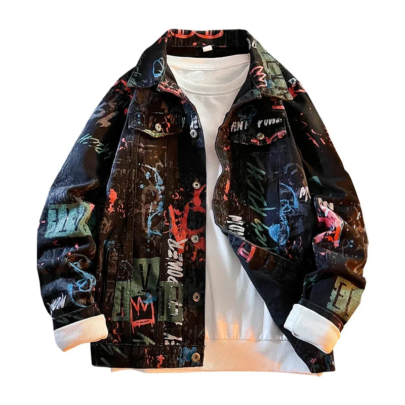 Hip Pop Leter Graffiti Denim Jacket Men's Fashion Spring Punk Wear Korean Jeans Coat