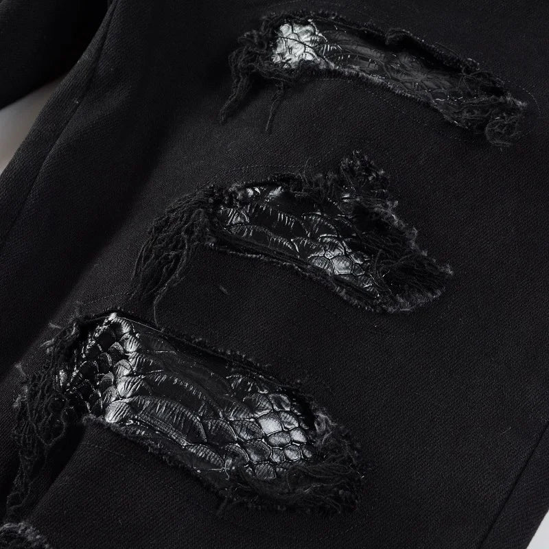 Men Snake Embroidery Jeans Skinny Tapered Stretch Denim Pants Streetwear