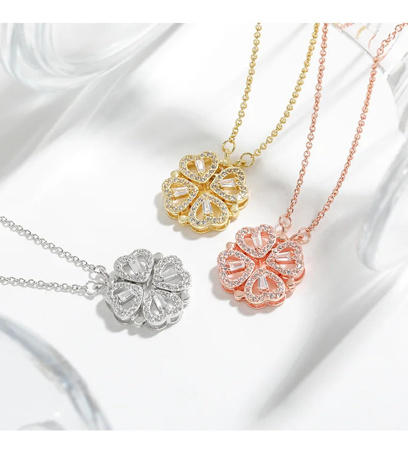 CARLIDANA Transform Luxury Four Leaf Clover Pendant Necklace  Stainless Steel Crystal Gold Color Heart Jewelry for Women Gift