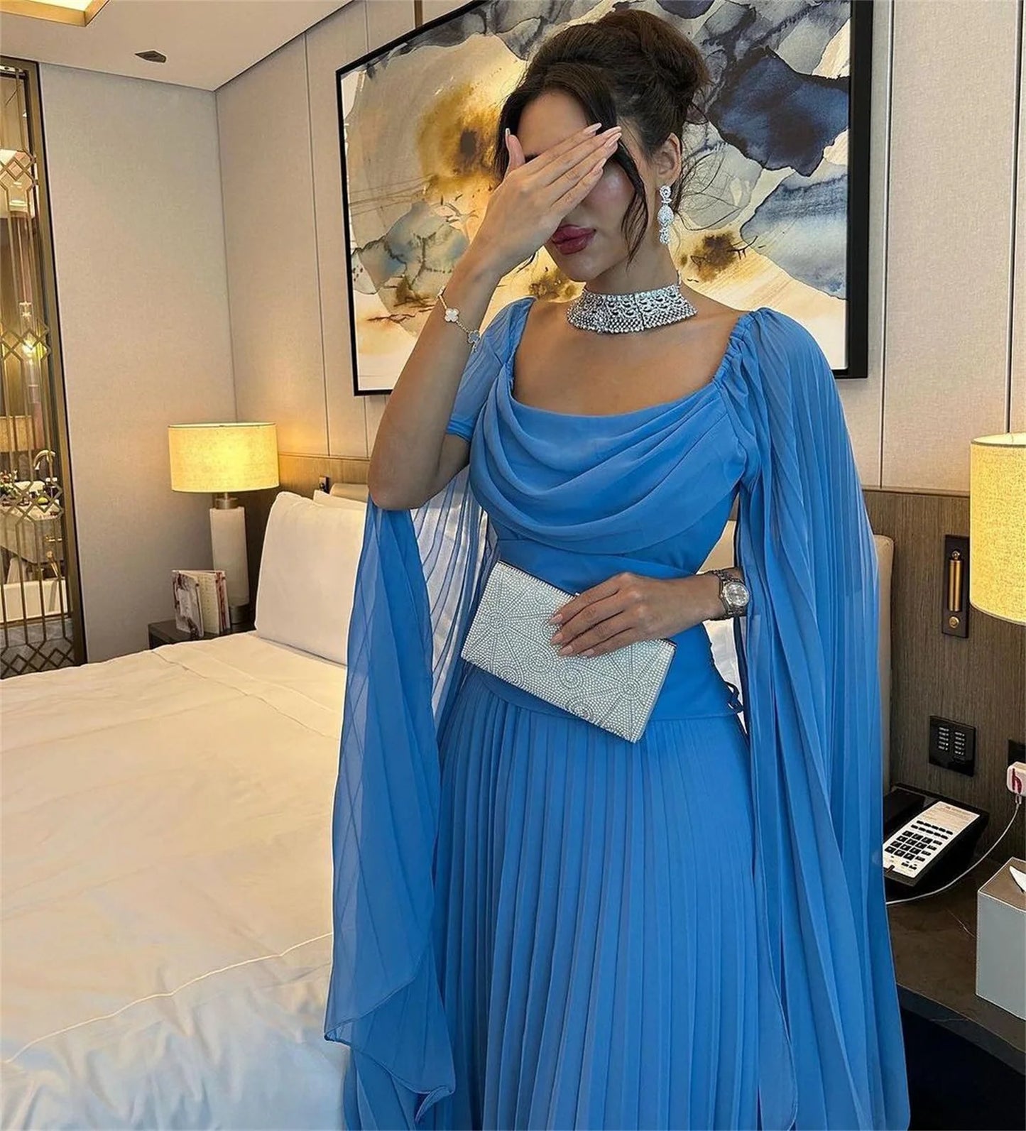 Homecoming Dresses: Blue Chiffon Prom Dresses Sleeves Pleated Party Gowns