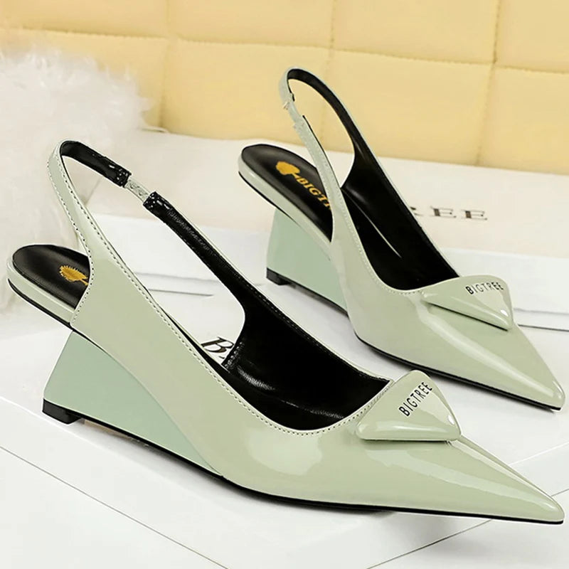 Korean version Fashion Patent Leather Shallow Pointed Toe Hollow Back Strap 6.5cm High Heels Wedges Shoes Lady Trendy Pumps Pink