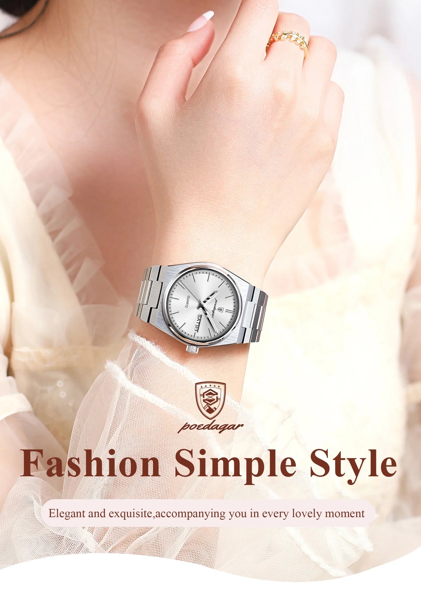 POEDAGAR Original New Woman Watch Stainless Steel Waterproof Luminous Ladies Wristwatch Date Week Elegant Quartz Women's Watches