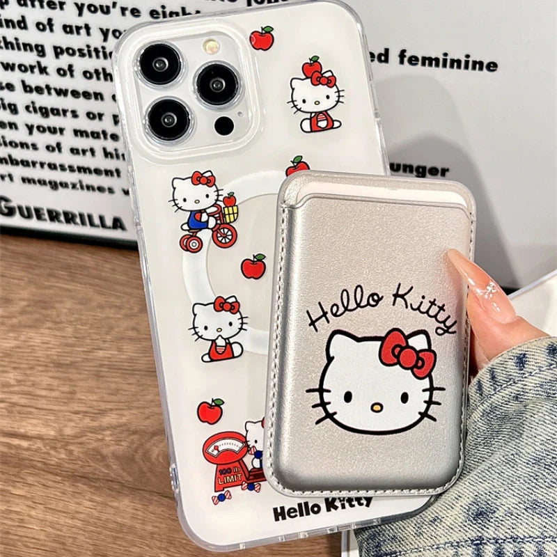 Cute Sanrio Hello Kitty Magnetic Card Wallet Holder Magsafe Wireless Charge Phone Case For iPhone 17 16 15 14 13 Pro Max Cover
