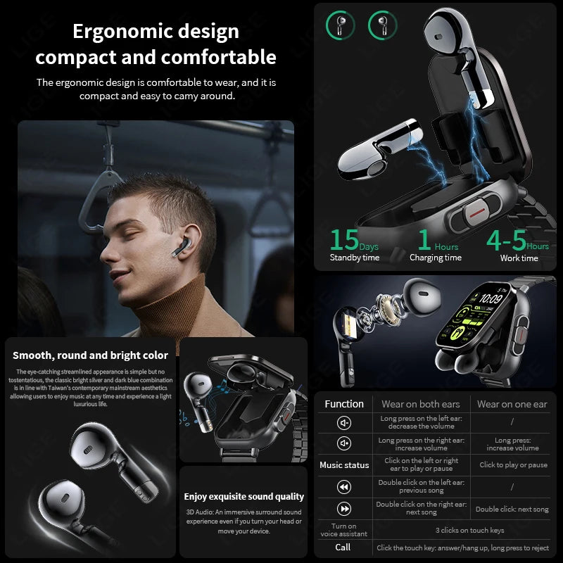 TWS 2 In 1 Smartwatch Earphones Sports Smart Watch Wireless Bluetooth Calling Health Monitor Fitness Record Watches With Headset