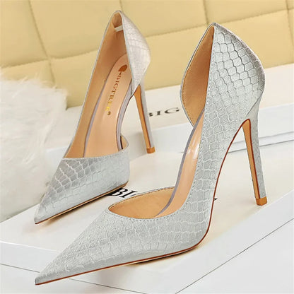 Women 7.5cm 10.5cm High Heels Elegant Pumps Lady Plus Size Silk Satin Green Silver Wedding Stiletto Low Heels Fetish Party Shoes