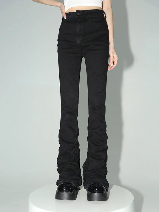 Black Ruched Flare Jeans Women Solid Stretch Bootcut Stacked Pants